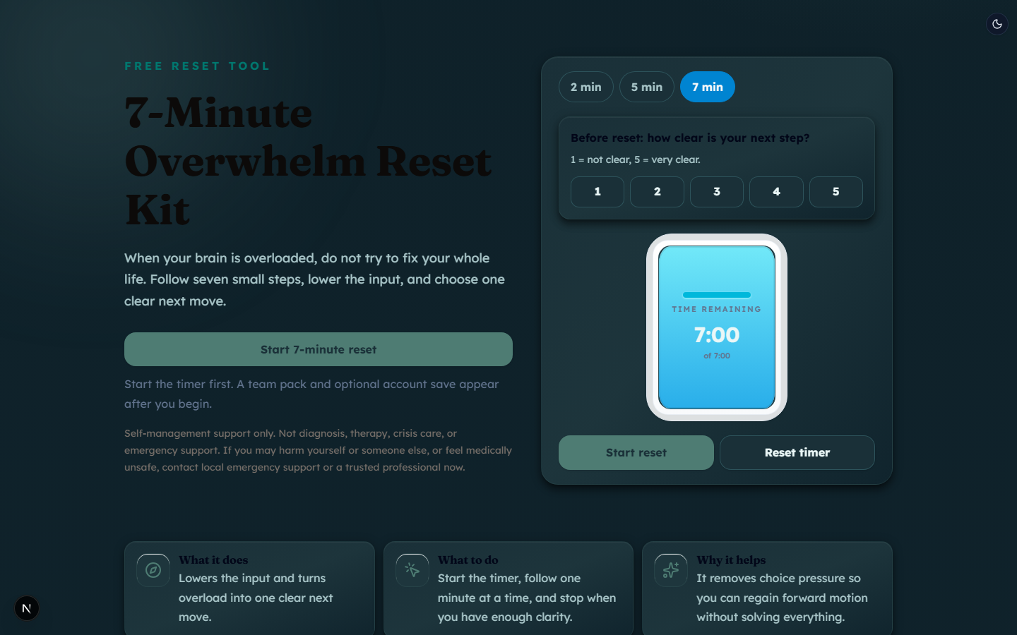 Free 7-Minute Overwhelm Reset Kit landing with timer